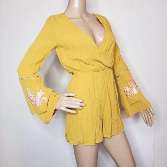 Miami Yellow Long Sleeve Wrap Romper Embroidered Bell Sleeves & Keyhole Back XXS - Picture 4 of 10